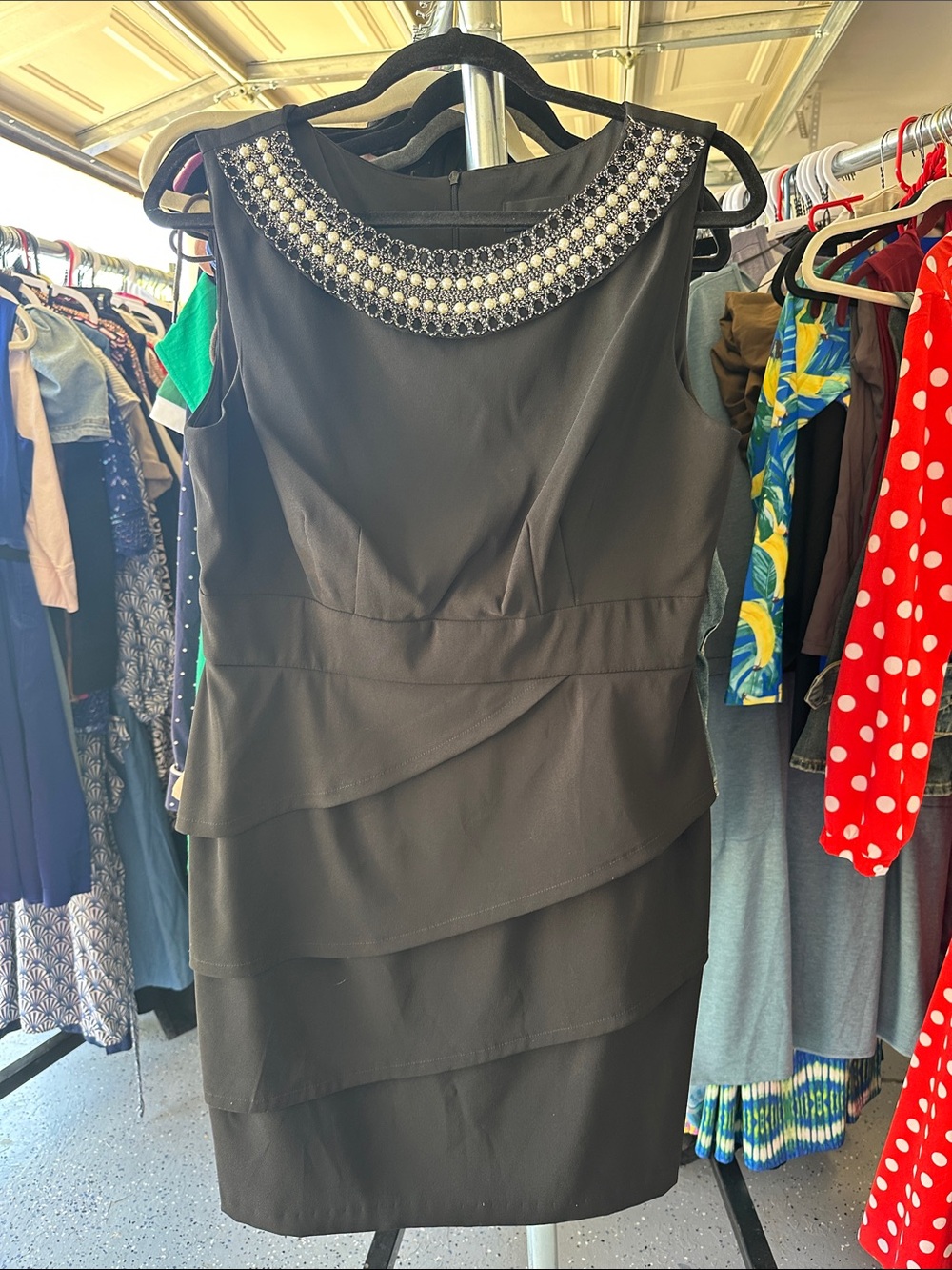 connected apparel Black Beaded Neckline Layered Mini Dress